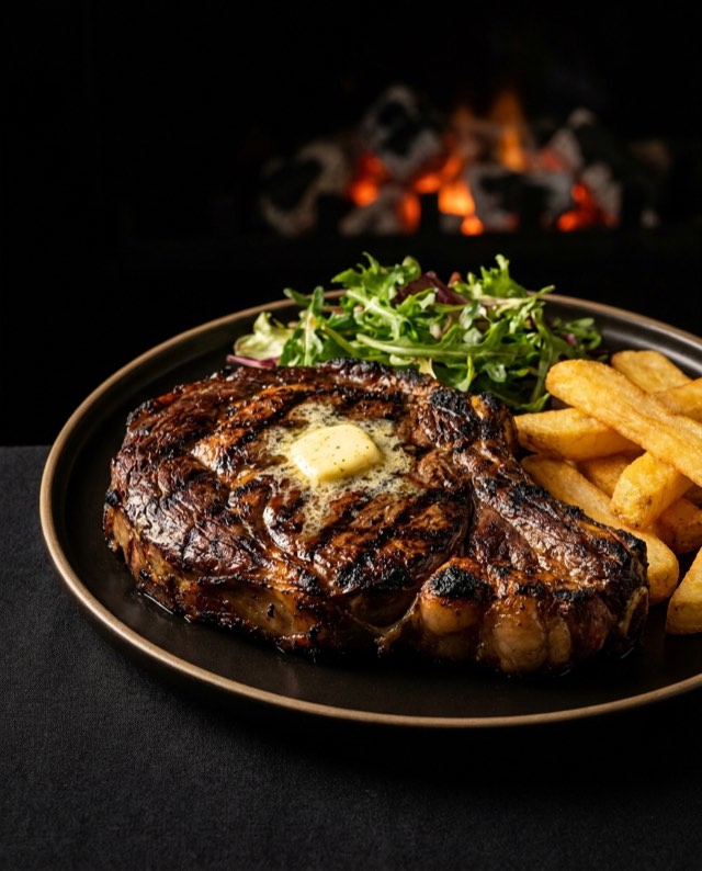 L’entrecôte de bœuf grillée à la braise, servie avec frites maison